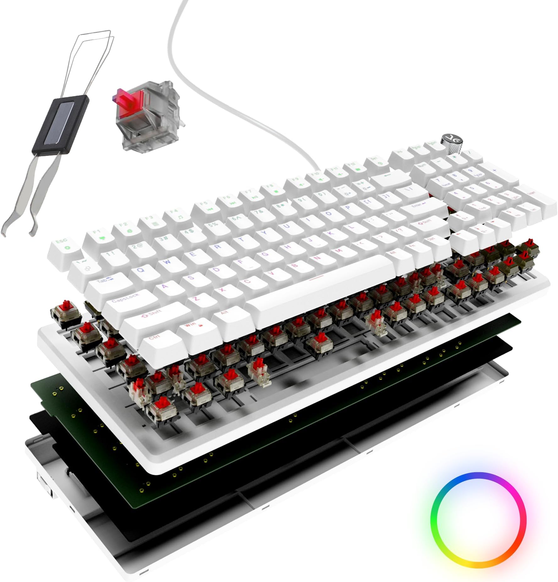 Kreo Hive Full-Size Gaming Keyboard with 98-Key Design, Outemu Switches, Metal Volume Knob Customizable RGB, Case Foam, RGB, Brown Switch, 3 Colour keycap, White-Purple (White, Red Switch)