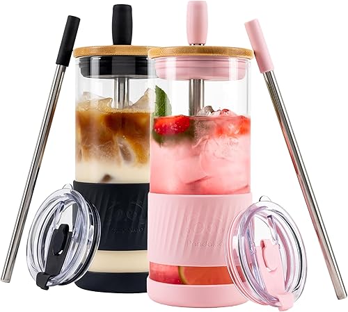 Miniatura 1 de Pandaloo Tazas de Vidrio con Tapas y Popotes - 20 Fl Oz - Tamaño Perfecto para Taza de Café Helado - Taza de Batido con Tapa de Bambú y Tapa para