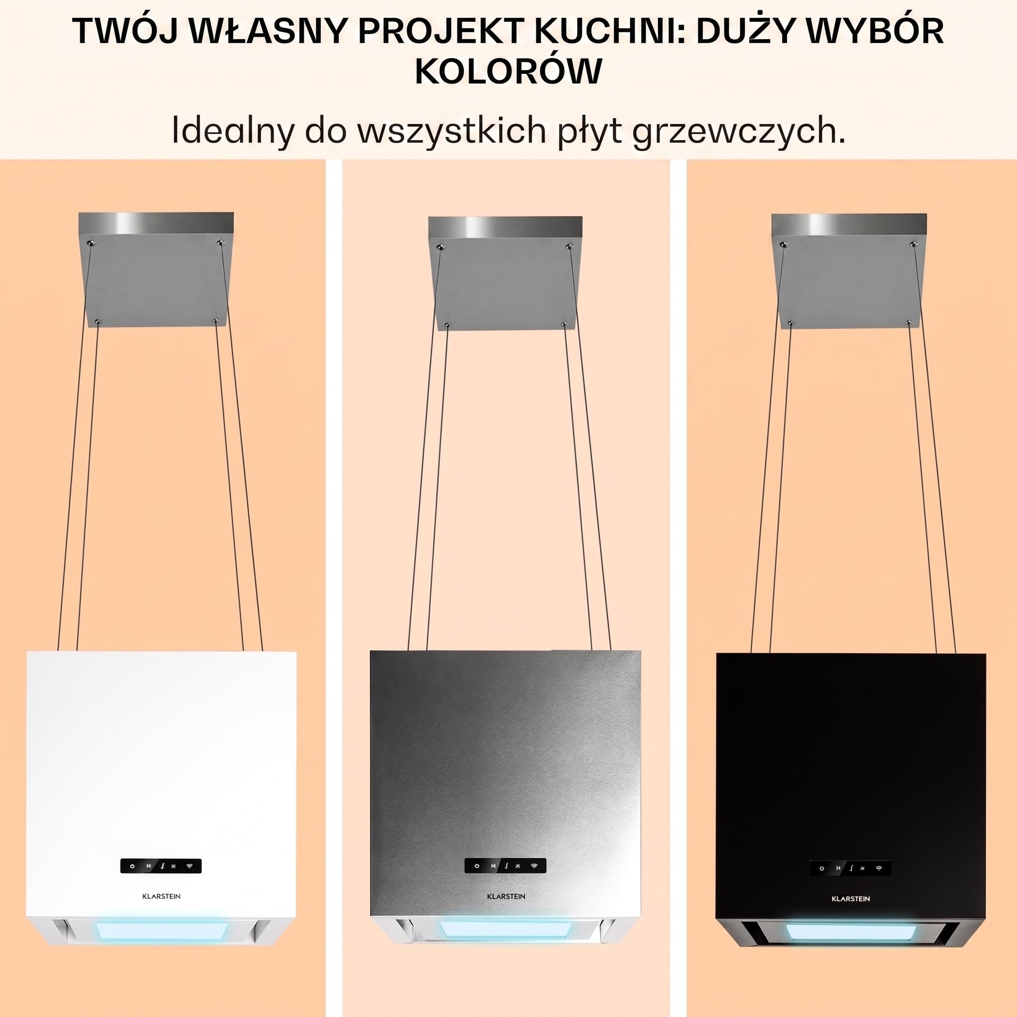Klarstein Okap, Okap wyspowy wiszący, wyciągowy/z recyrkulacją do montażu sufitowego, Nowoczesny z 3 biegami, Przepływ 595m³/h i sterowanie aplikacją, wyspowy sufitowy