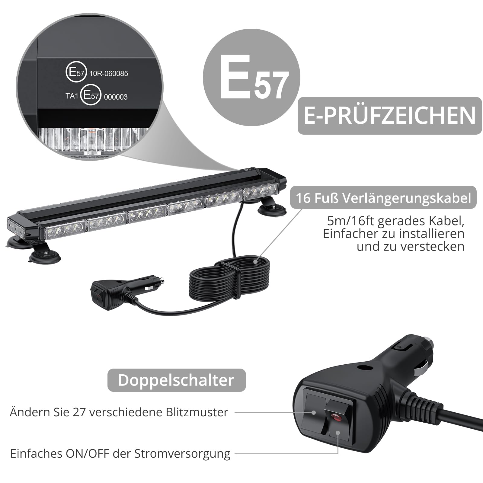 Justech 54LEDs Warnleuchte Rundumleuchte 27 Modi Blitzleuchte Schraube Starker Magnet Amber + Weiß Decke Licht 12/24V Notfallblinklampe mit E57 Blinklicht 5m Netzkabel Doppelschalter Metallhalterung