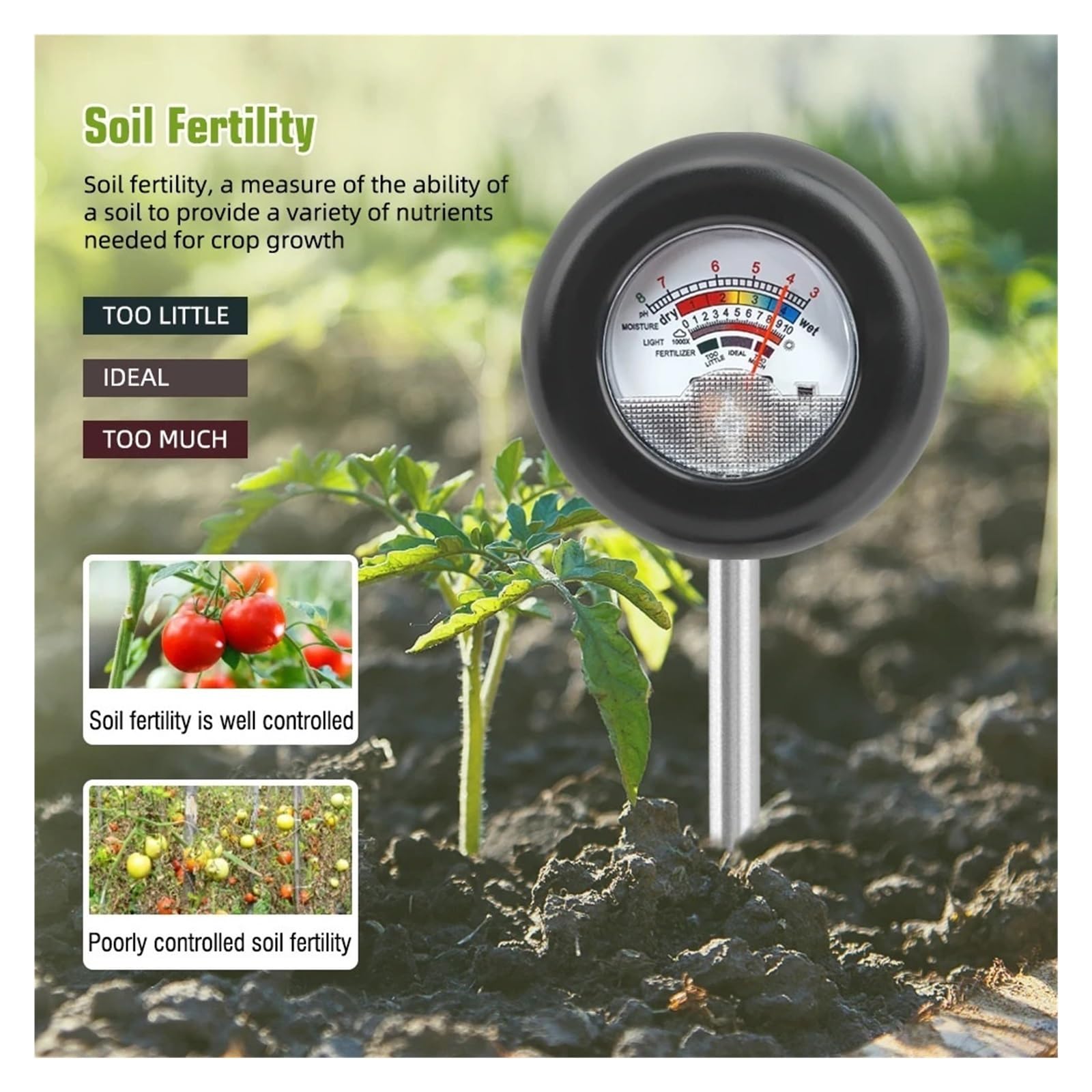 EDEDE Misuratore del Suolo, Misuratore di PH del Terreno 4 in 1 umidità Luce Solare PH Fertilità Acidità del Terreno Tester rilevatore for Piante in Vaso per Giardinaggio, Prato