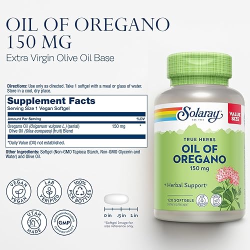 Miniatura 8 de Solaray Aceite de orégano 150 mg  Base de aceite de oliva extra virgen  Aérea entera  Apoyo saludable e inmune e e intestinal  Vegano y sin OMG  60