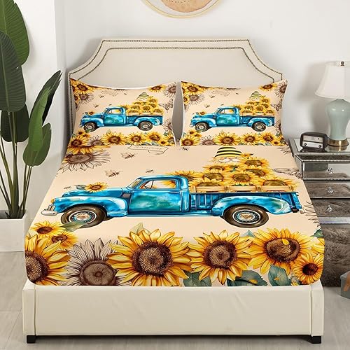 Miniatura 3 de Manfei Juego de sábanas de girasol, tamaño King, juego de ropa de cama de gnomo de primavera de flores amarillas para decoración de habitación de