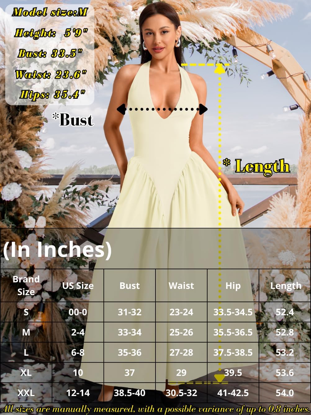 ChiaoLezhee Deep V Neck Dress, Halter Maxi Dresses, Vacation Date Night, Sexy for Women Corset Flowy Wedding Guest Drop Waist