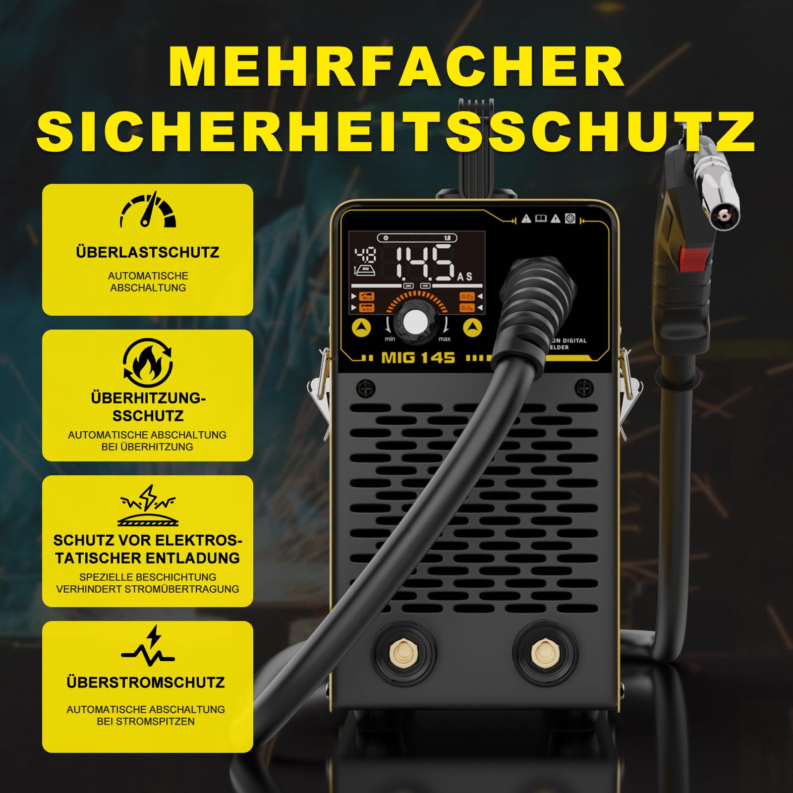 Haxiaoer 145A 3-In-1 Fülldraht Schweißgerät Ohne Gas,LED Licht | 3-In-1, ARC/Flux MIG/MMA Lift WIG - Funktion,Kompakt Inverter Schweißgerät,Synergischer Drahtvorschub