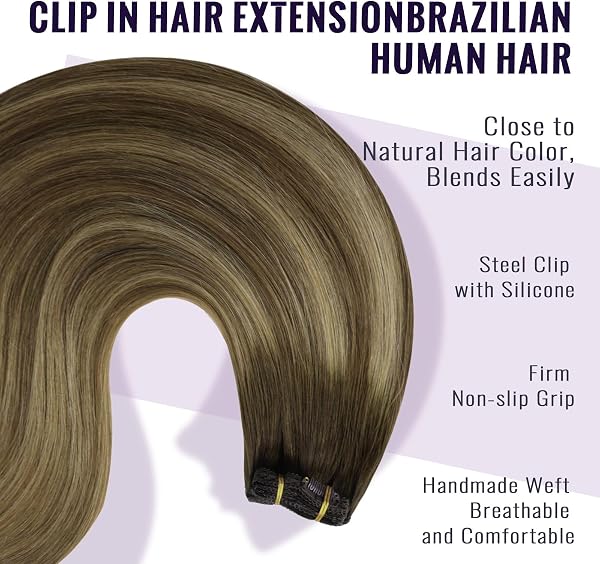 Fshine Extension Capelli Veri Clip 45 cm 7 pcs 120 g Extension Clip Capelli Veri Castano Scuro con Meches Biondo Miele Lisci Umani Estensione Clips Invisibile Confortevole Compleanno Colore 2 3 27 - 3