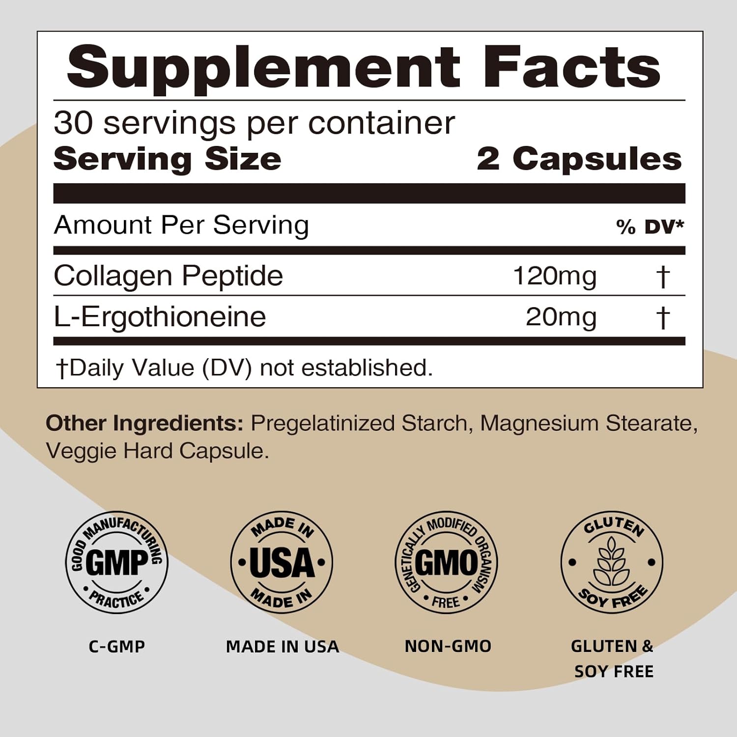 L-Ergothioneine with Collagen Peptides, 60 Capsules Healthy Aging & Boosts Immune System, Organic Vegetarian ergothioneine Supplements Protects Heart, Brain, Skin