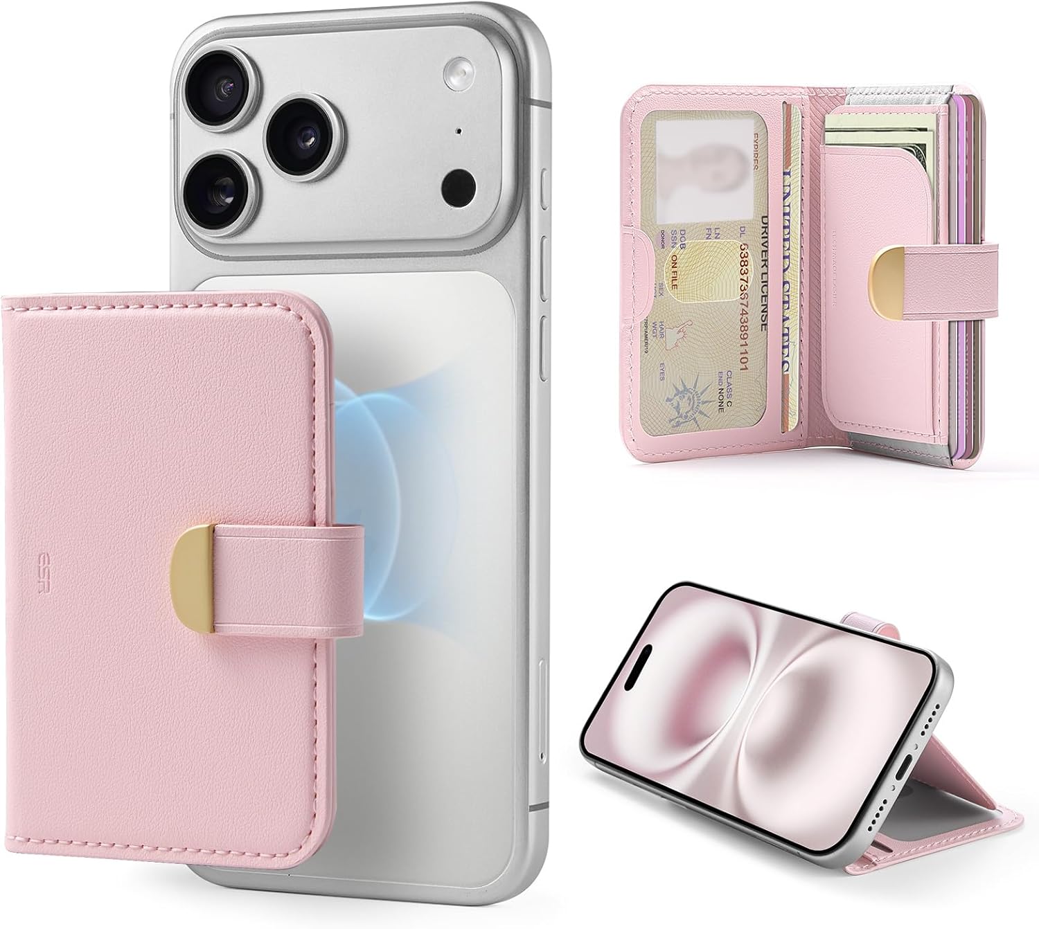 ESR Aura Clutch for MagSafe Wallet for Women, 5 Card Holder, RFID Blocking, MagSafe Sticker Included, Magnetic Wallet for iPhone 17e/17/16/15/14/13/12 Series (Not mini), Select Samsung Devices, Pink