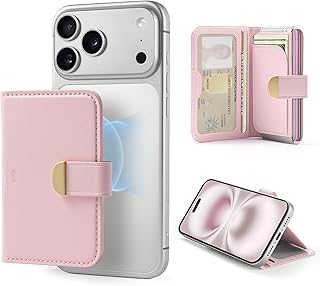 Aura Clutch for MagSafe Wallet for Women, 5-Card Holder, RFID Blocking, MagSafe Sticker Included, Magnetic Wallet for iPhone 17/16/15/14/13/12 Series (not mini) and Select Samsung Devices, Pink