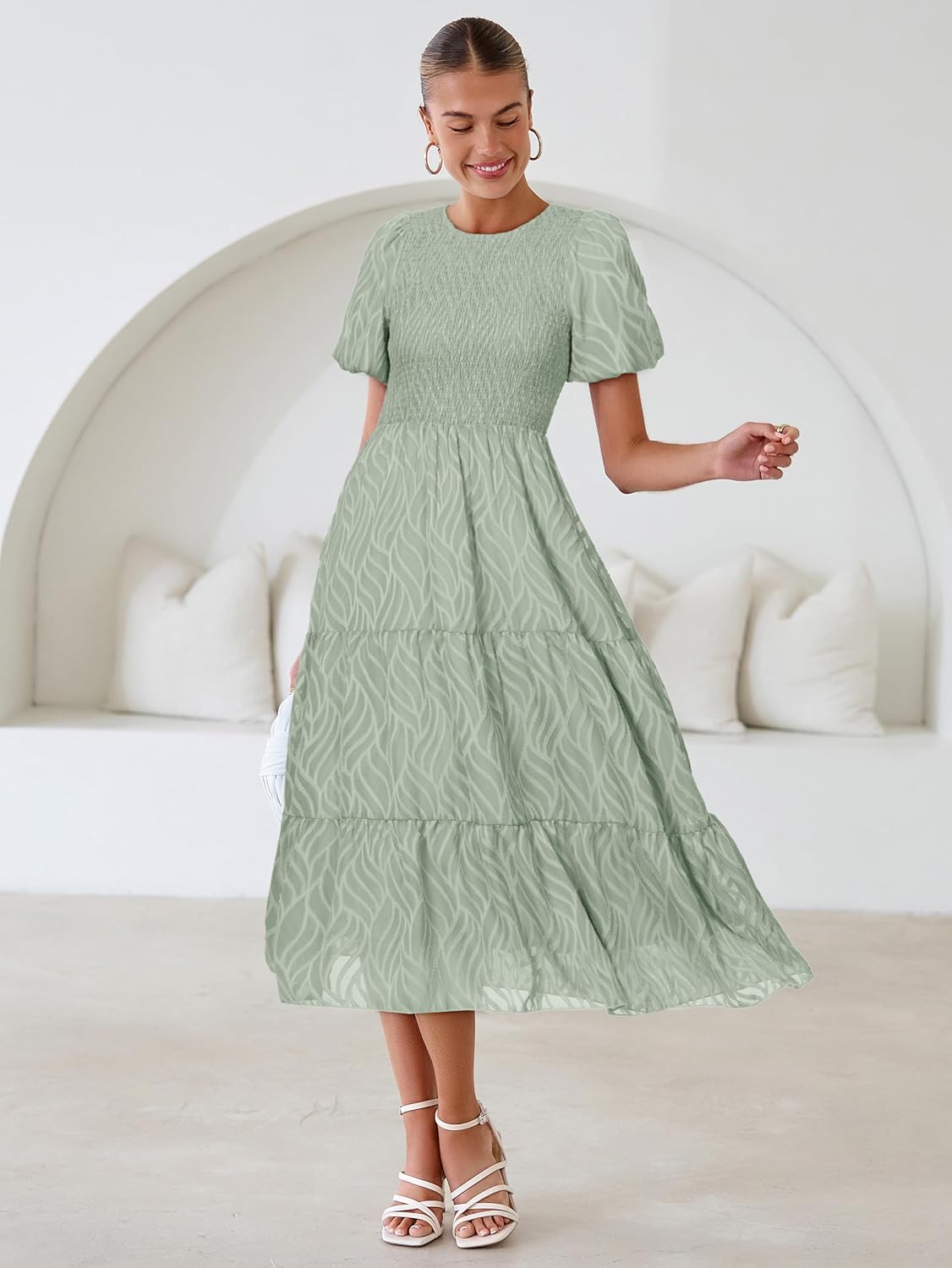 BerryGo Womens Summer Chiffon Midi Dress Short Sleeve Flowy Smocked Crewneck A Line Tiered Wedding Guest Dresses 2026 - Image 2