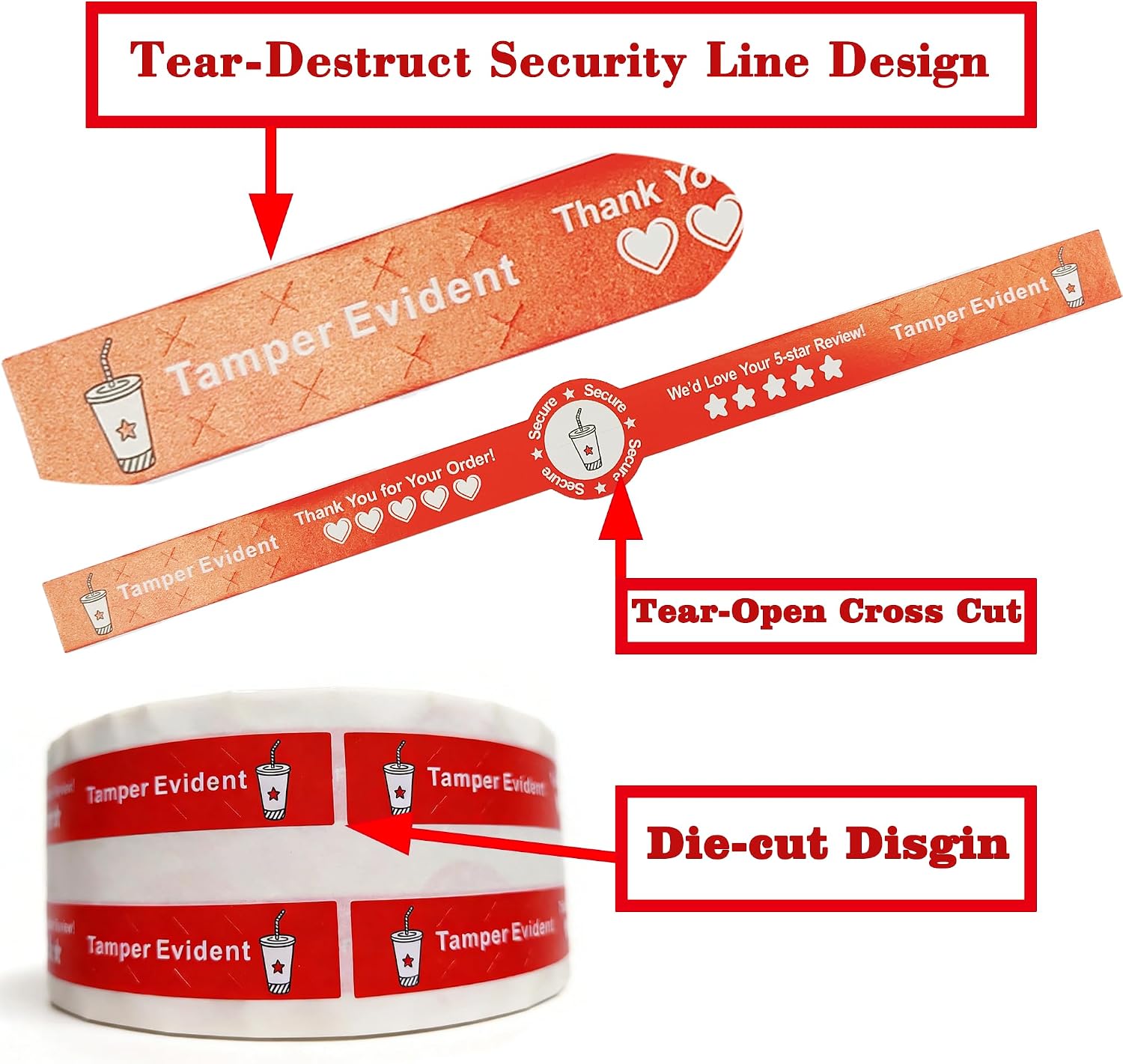 500 Pcs 1x9 Inch Safe Secure Food Delivery Labels, Tamper Proof Seals Stickers for Drink Lids – Tamper Evident Sealing for Fresh Drink Food Delivery, 5 Star Review Delivery Labels(Red Color, Die-Cut)
