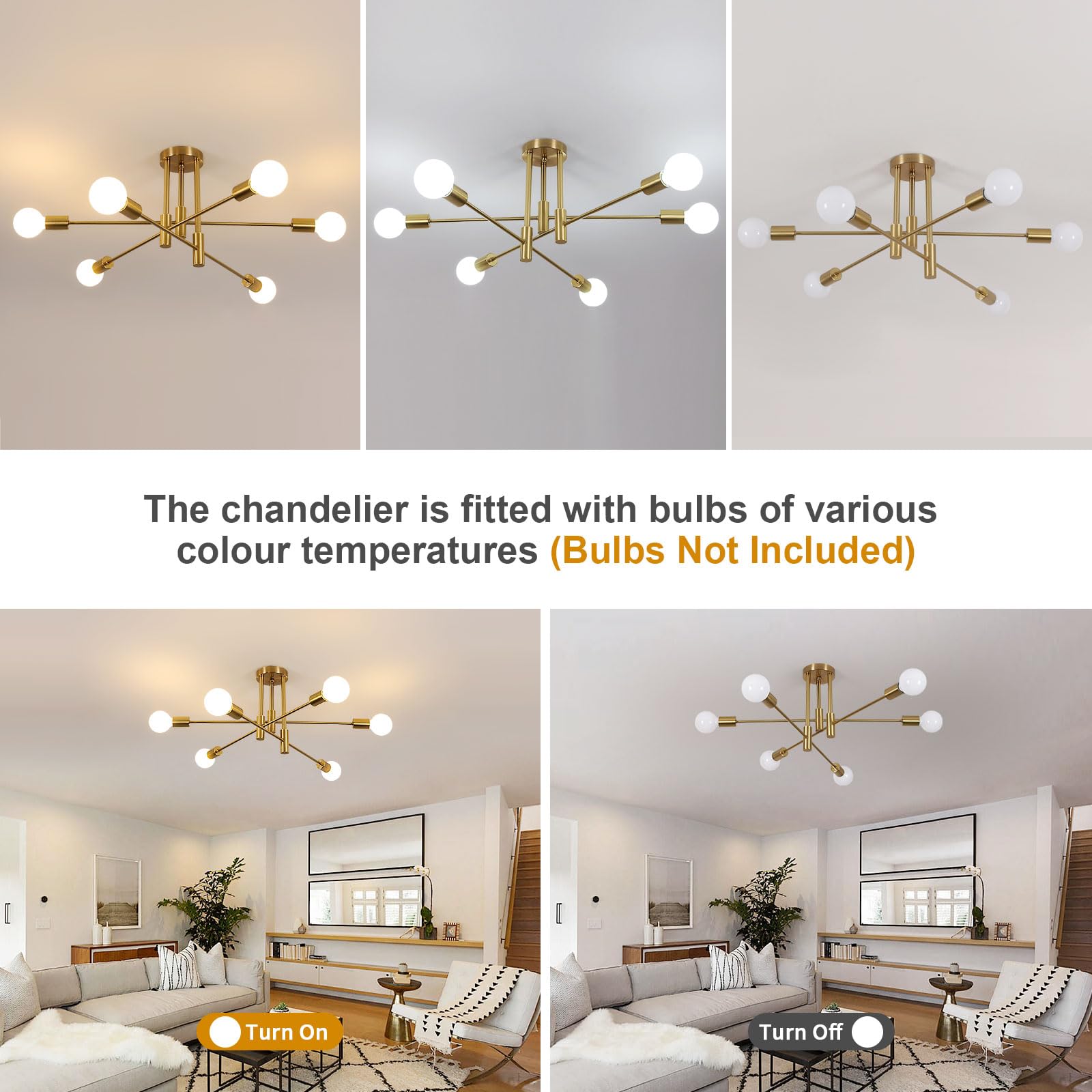 Goeco Lustre Sputnik Industriel 6 Lumières Douille E27 Lampe Suspension Vintage Plafonnier Doré Moderne en Metal pour Salon Chambre Cuisine, Max.60W Ampoules non incluses