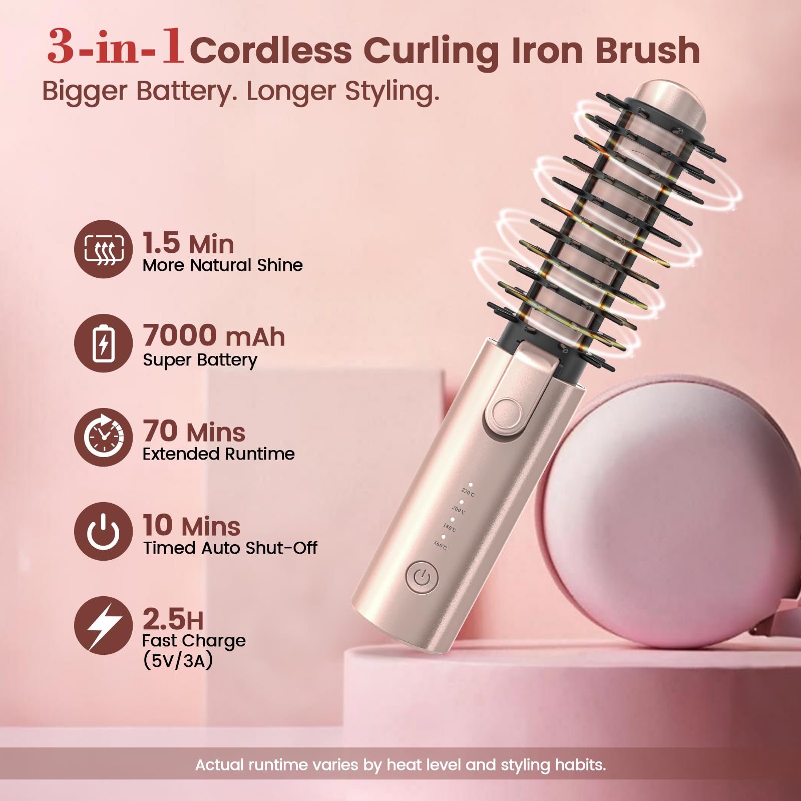 Youbella Cepillo rizador de cabello inalámbrico, rizador de pelo portátil de viaje, mini cepillo redondo calentado de 1.5 pulgadas, varita alisadora recargable por USB 3 en 1 para peinar y alisar, 200