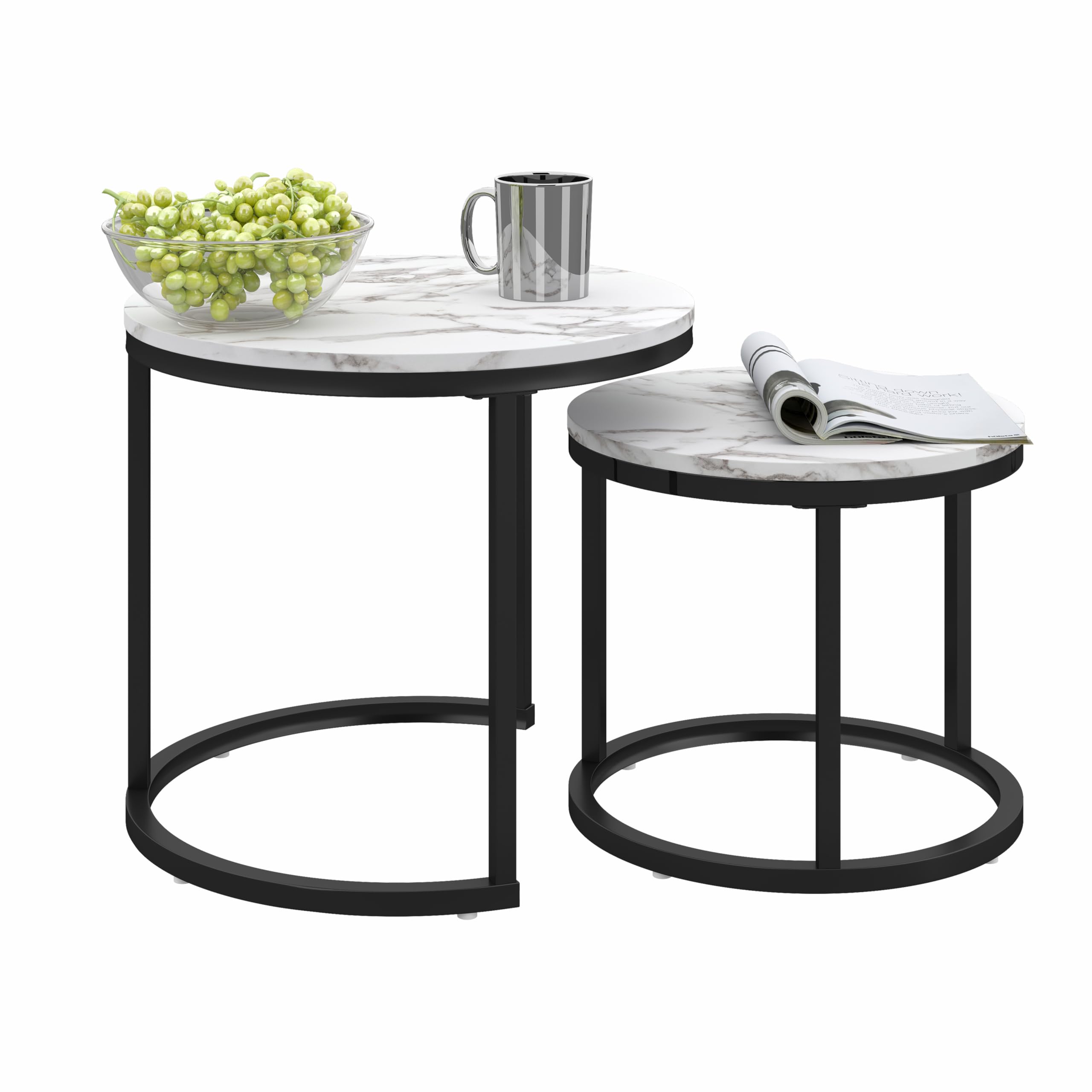 Tavolino Salotto Rotondo, Set di 2 Tavolino Soggiorno Moderno, Gamba in Metallo Nero, Adatto per Soggiorno, Caffetteria, Lounge 50x45cm +40x35cm (Bianco+Nero)