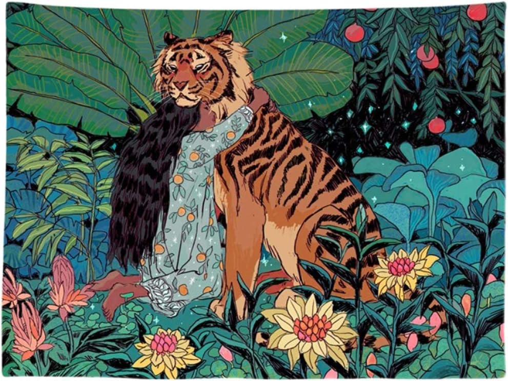 Wonderwall Beauty and the Beast Tapestry Girl with Tiger Tapestry Jungle Forest Flower Bush Animal Tapestry, Art Wall Hanging Home Decoration Tapestry for Bedroom Living Room, 78.7x59.1 inch
