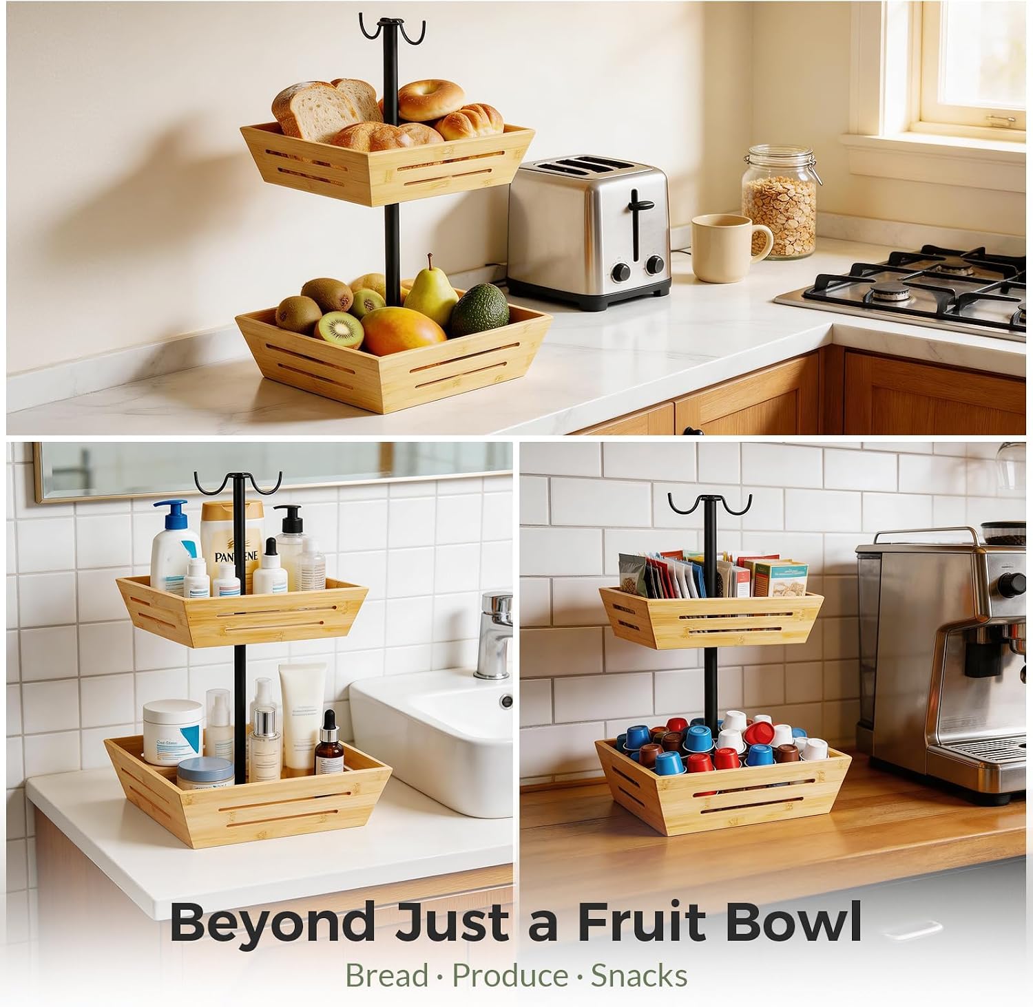 G.a HOMEFAVOR Bamboo Fruit Basket: 2-Tier Vegetable Storage with Banana Holder, Kitchen Countertop Organizer for Bread Snack, Large Size
