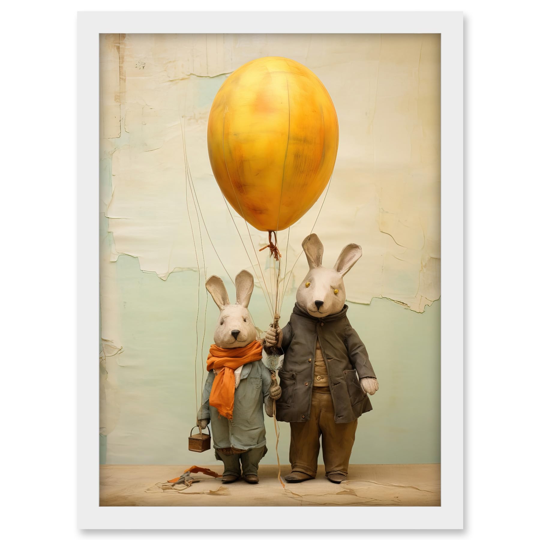 Artery8 Cute Nursery Artwork Rabbits and Balloon Adventure Oil Painting Artwork Framed A3 Wall Art Print
