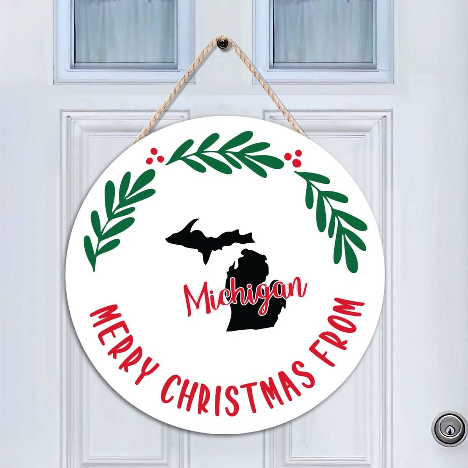 Plaque ronde en bois Merry Christmas Michigan ornement de porte 46 cm