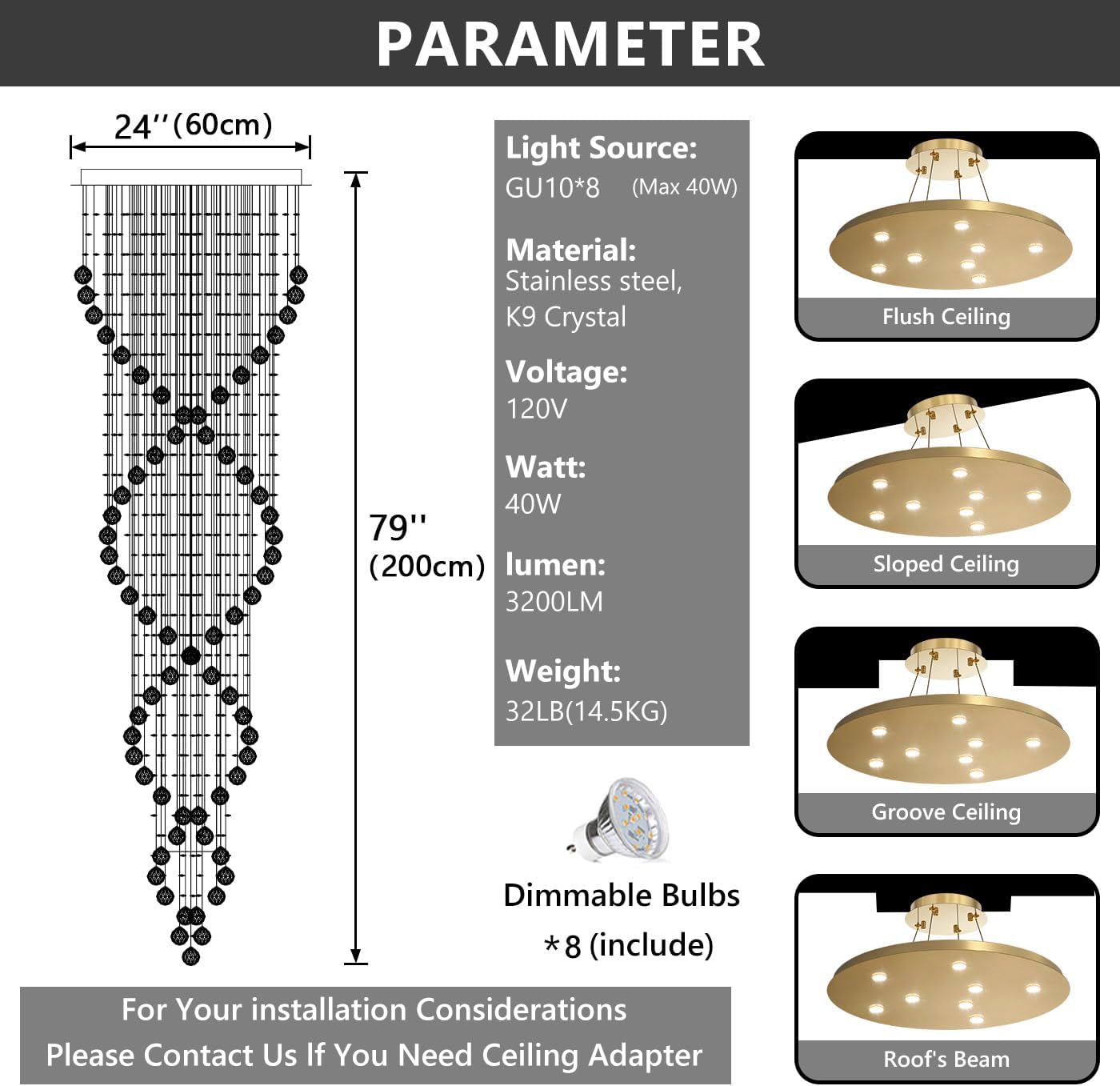 Modern Large Crystal Chandelier for Foyer Raindrop Chandeliers LED Dimmable High Ceiling Flush Mount Light Fixtures for Staircaes Hallway Entryway Rain Lamp LED Bulbs Included 79'' Gold
