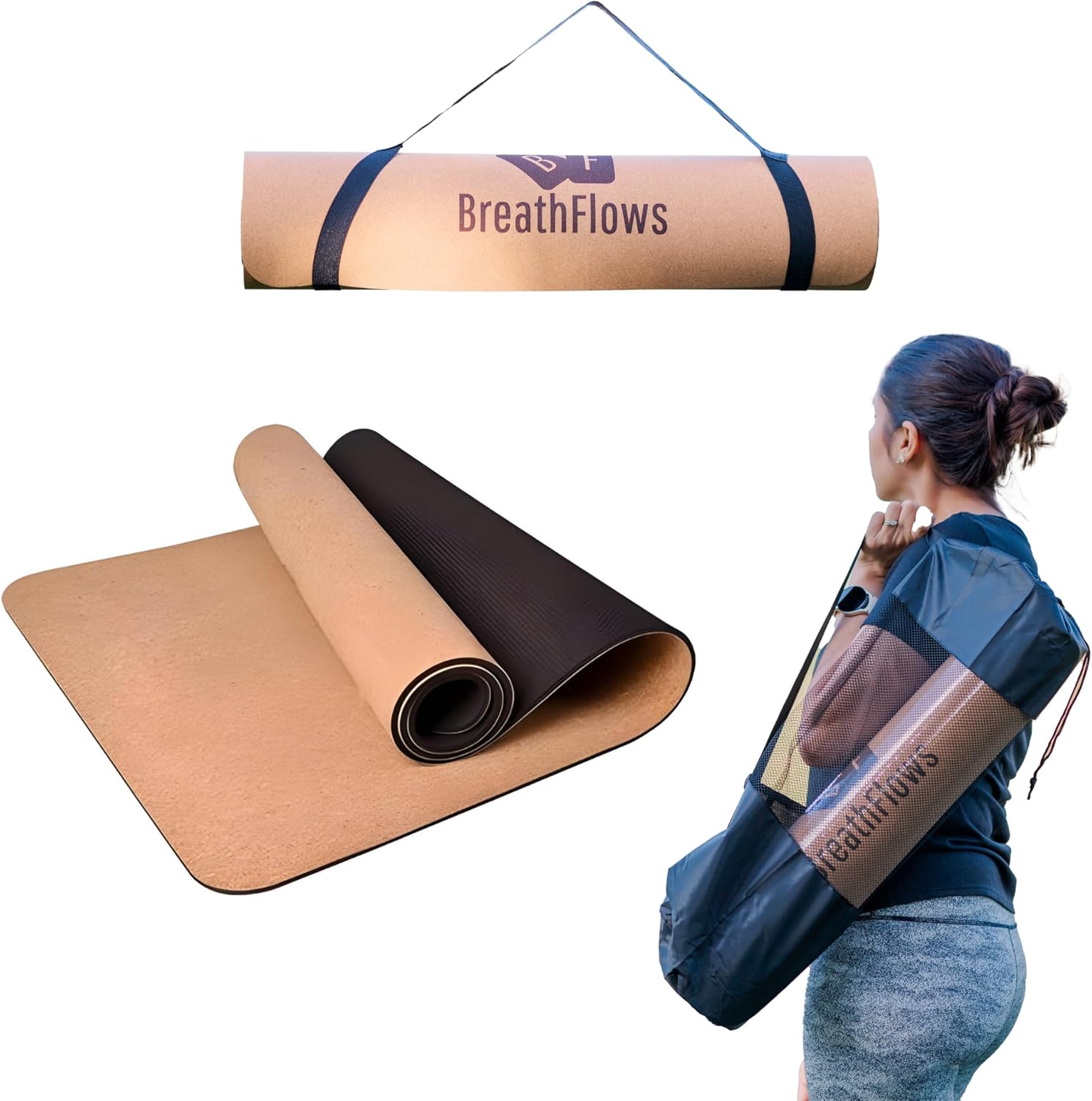 Breath Flows Cork Yoga Mat | Non-Slip TPE Bottom for Extra Grip | Eco-Friendly, Lightweight, and Durable | 72" x 24" for All Yoga and Fitness Activities | Includes Carrying Bag
