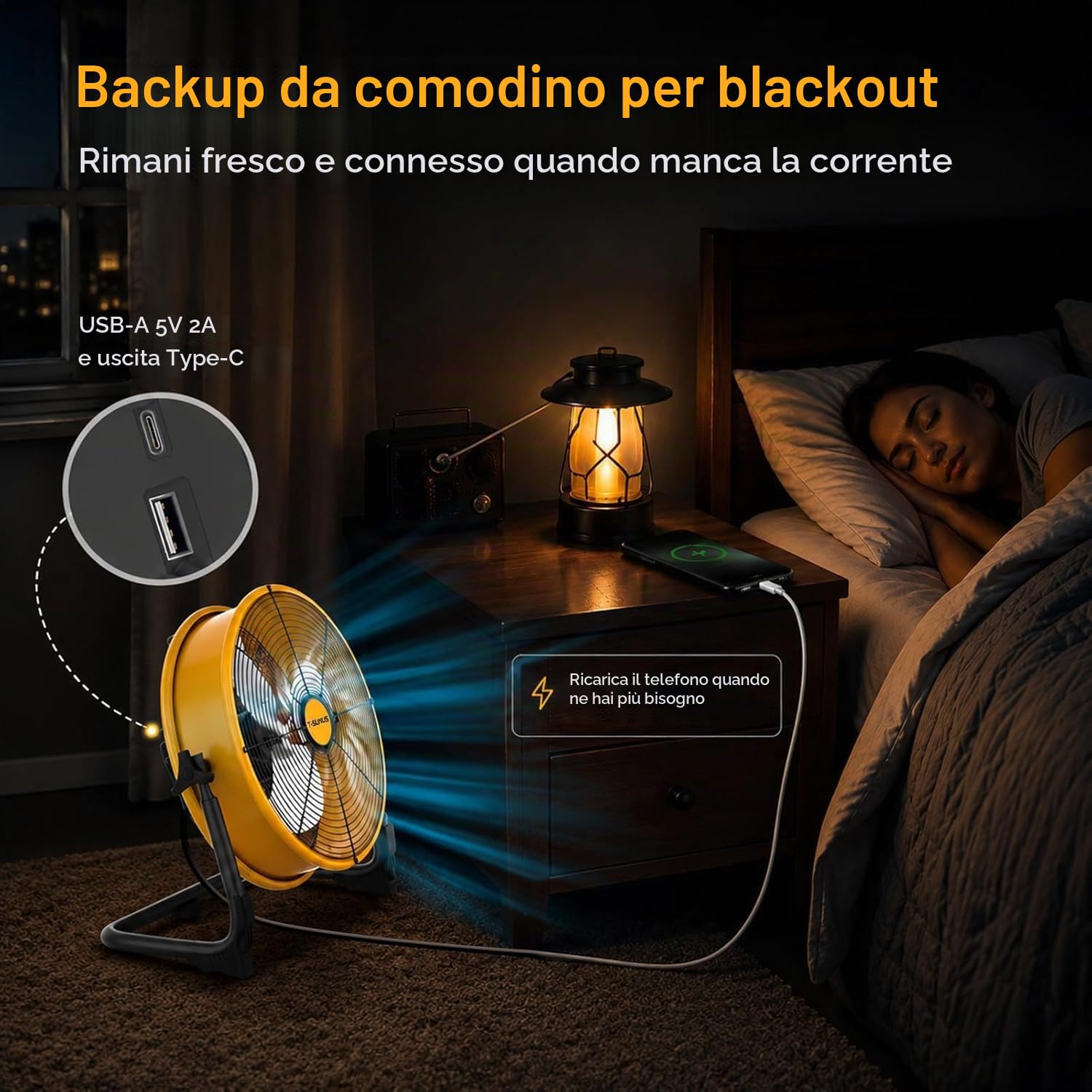 T-SUNUS Ventilatore da Pavimento Silenzioso, Ventilatore Industriale da Pavimento Potente, Ricaricabile tramite USB, Regolazione continua della Velocità per Magazzino Officina Fabbrica Campeggio