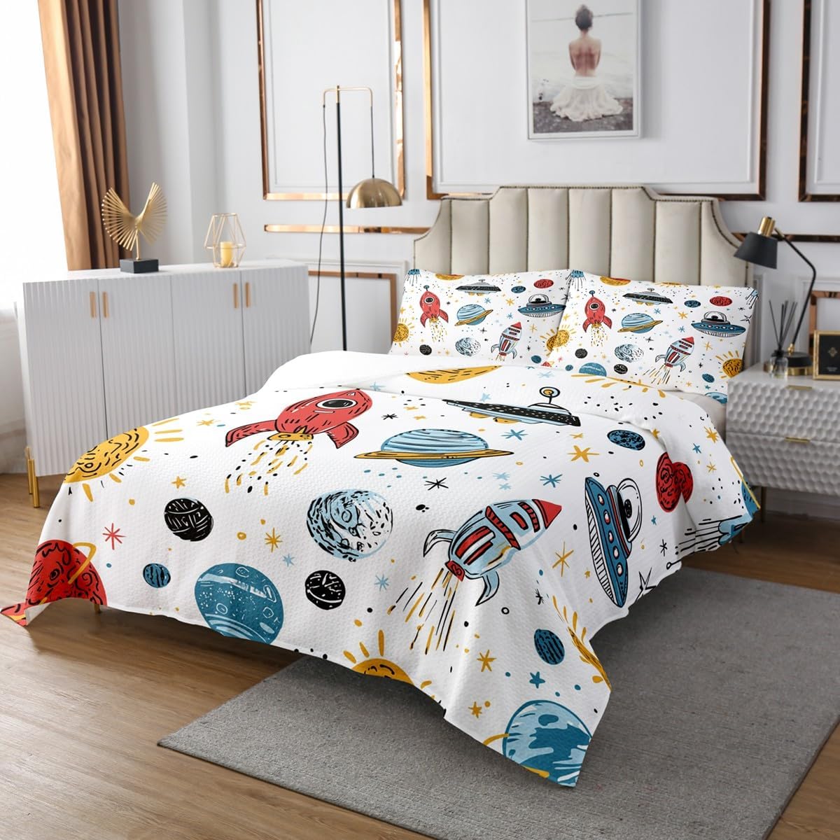 Erosebridal Boy Coverlet Set Twin Size Rocket Quilt Spaceship Bedspread Outer Space Galaxy Stars Planet Bedspread, Cartoon Style Quilt for Living Room Dorm Decorative