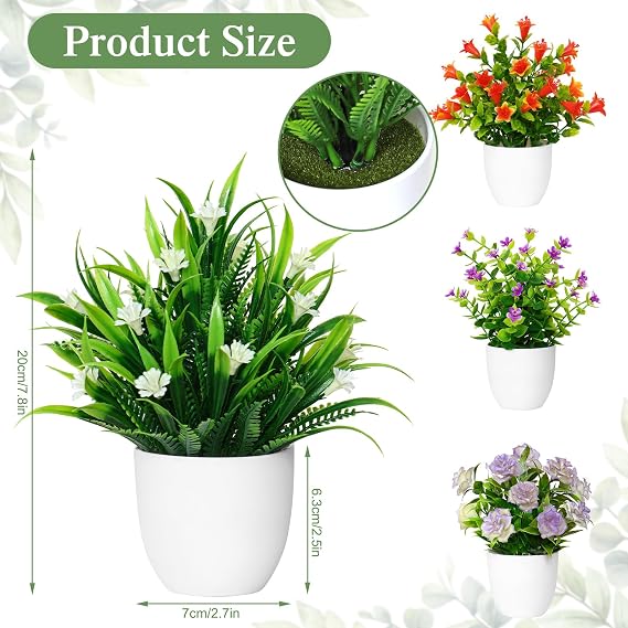 Betylifoy 4 PCS Mini Artificial Potted Plants, Small Fake Plants Faux Plastic Potted Plants Artificial Plants Indoor Decorative Greenery Plants for Office Desk Bathroom (4, Flower-white pot)