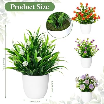 Betylifoy 4 PCS Mini Artificial Potted Plants, Small Fake Plants Faux Plastic Potted Plants Artificial Plants Indoor Decorative Greenery Plants for Office Desk Bathroom (4, Flower-white pot)