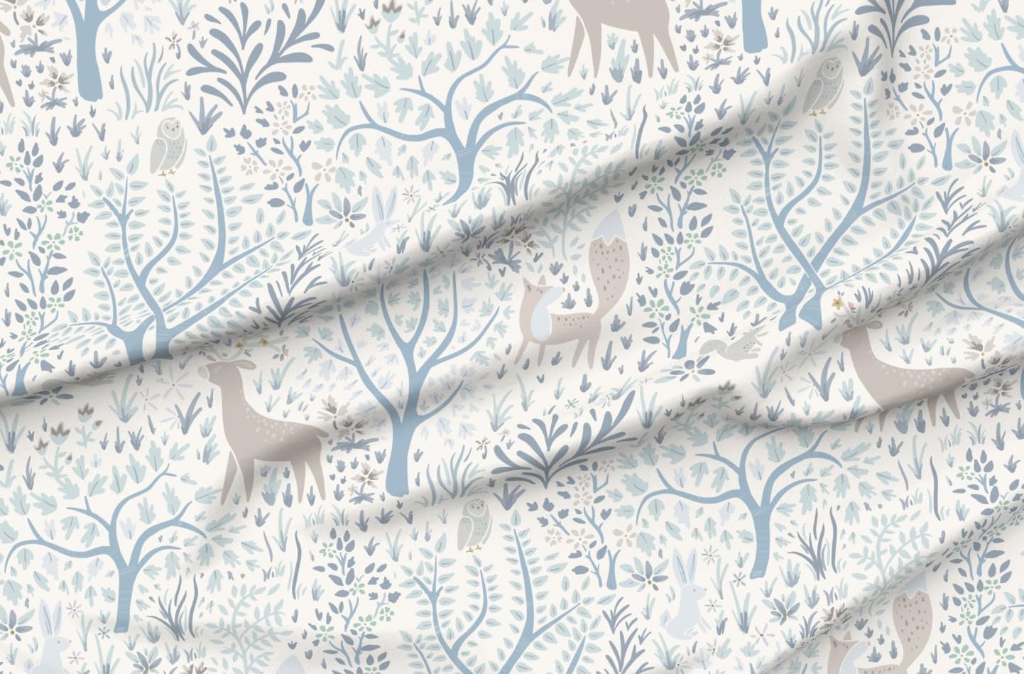 Spoonflower Fabric - Neutral Blue Forest Animals Botanical Nursery Bohemian Chinoiserie Printed on Petal Cotton Fabric Fat Quarter - Sewing Quilting Apparel Crafts Decor