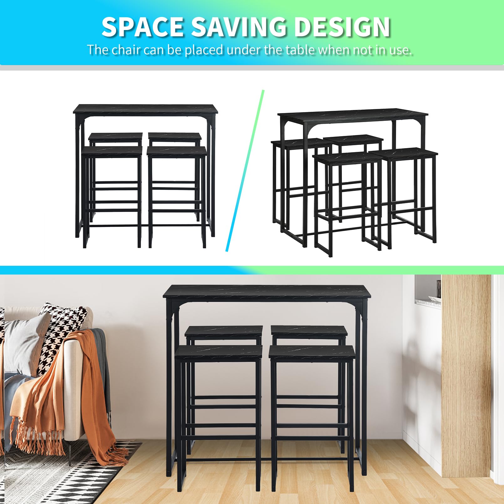 Table de Bar avec 4 Tabourets, Table Haute Cuisine, Table a Manger avec 4 Chaises, Table Haute 100 × 50 × 90 CM, 4 Tabourets 30 × 40 × 65 CM, Noir