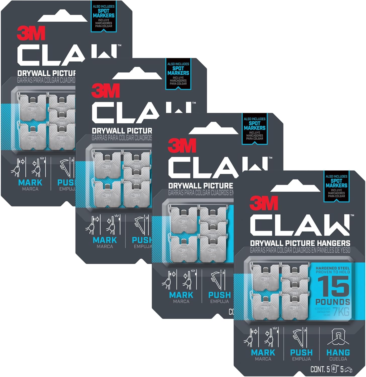 3M 3PH15M-5ES CLAW Drywall Picture Hangers & Markers, Holds 15-Lbs., 5-Pk. - Quantity 4