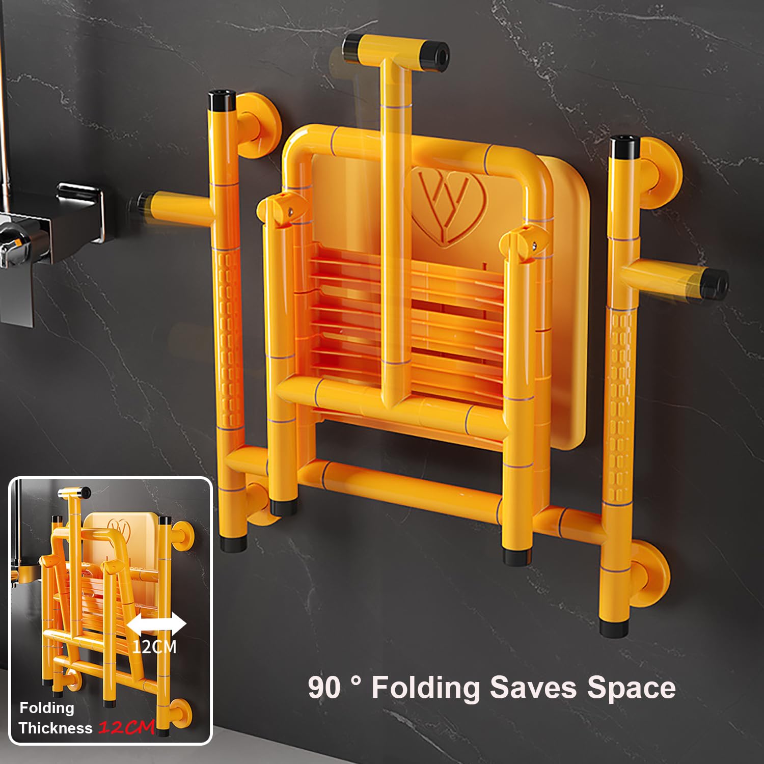 Asiento de Ducha Montado en la Pared para Personas Mayores | con 4 Patas,Plegable,Luminoso,Acero Inoxidable,Panel Reforzado,Requiere Perforación,Antideslizante,Soporta 300 kg