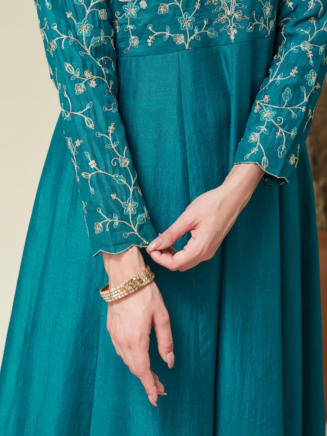 MOKOSH Women Silk Embroidered Rama Anarkali Kurta Pant And Dupatta Set-471-03-S - Image 5 thumbnail