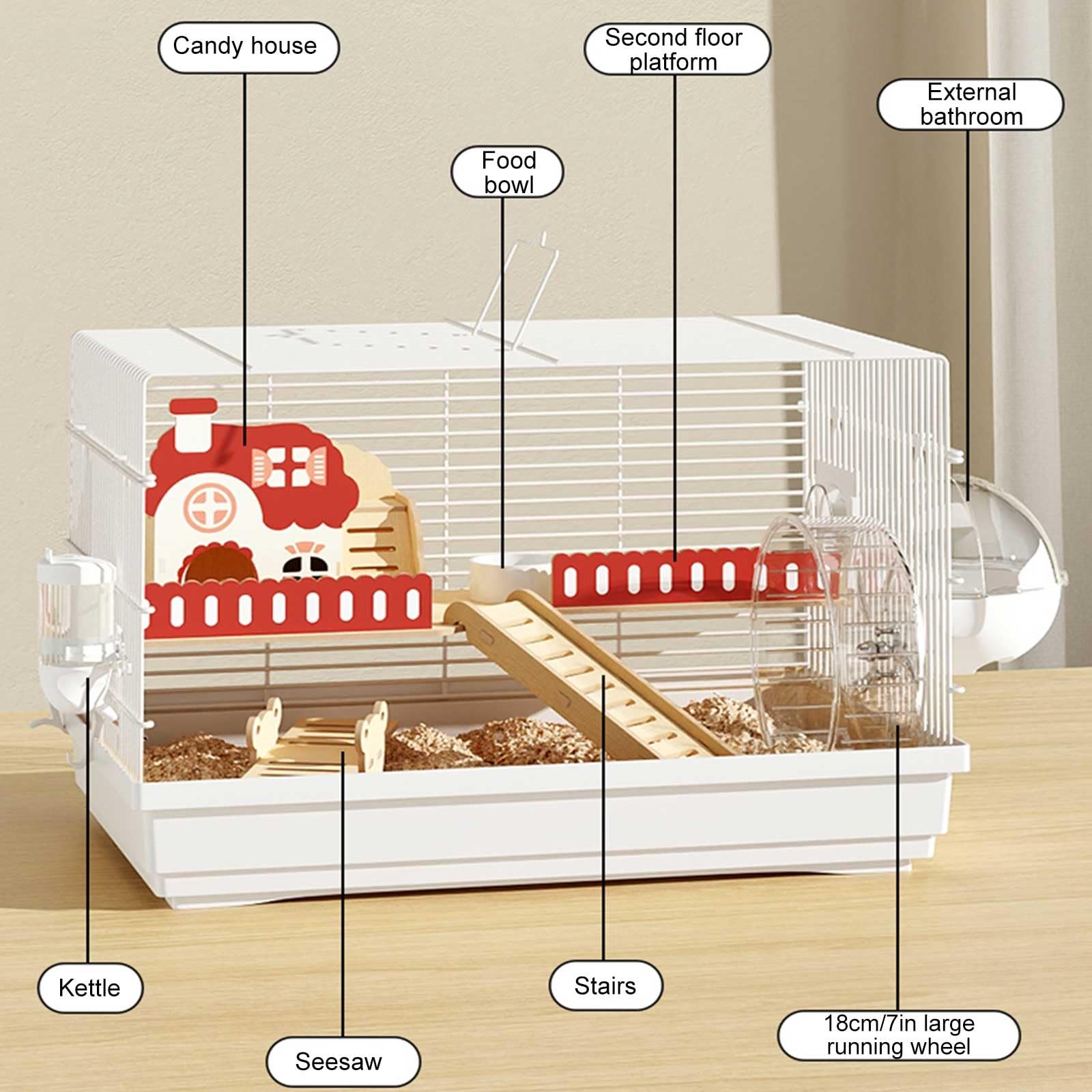 Gabbie e Habitat per Criceti, Cage Hamster con Accessori per Criceti tra Cui Ciotola per Cibo, Bottiglia d'Acqua, Recinto per Ricci, Gabbia per Piccoli Animali(White)