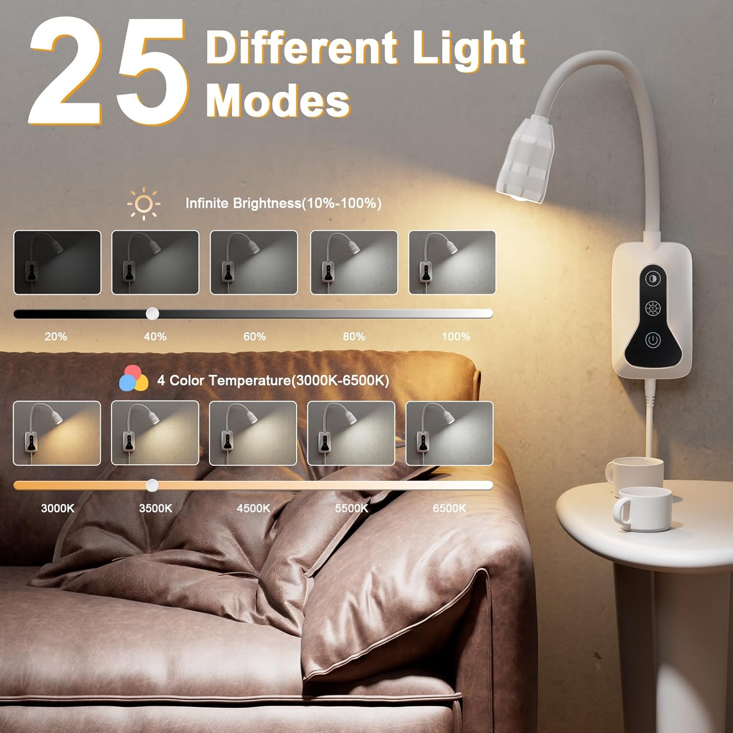 1 Pack Wall Mounted Headboard Reading Light, LED Dimmable Touch Control, Adjustable Neck, Ideal for Bedside, Office, or Reading（White）
