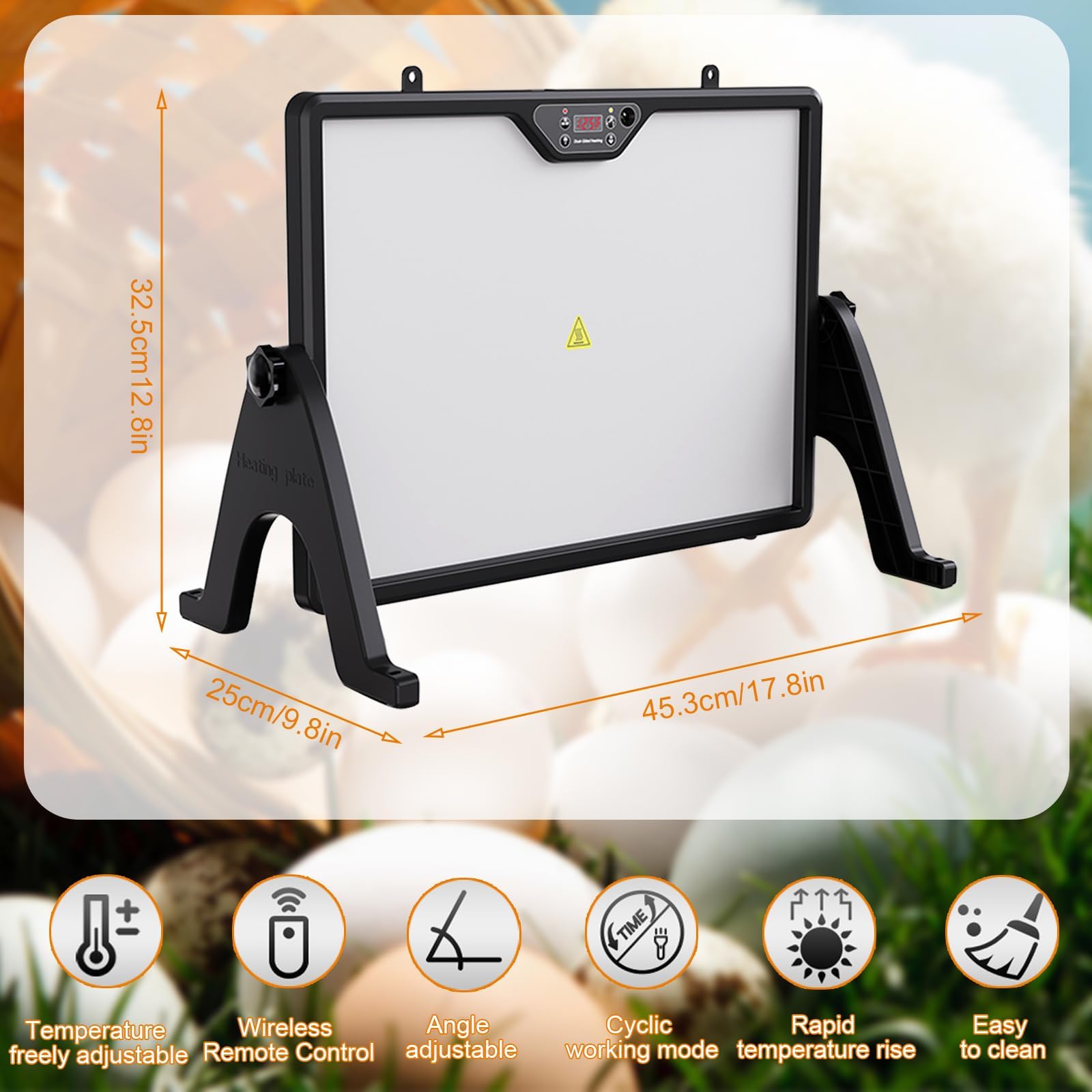 Placa Calefactora para Criadora De Pollitos, Calentador De Gallinero De Doble Cara, con Pantalla Inteligente, Control Remoto Y Luz, Temperatura Ajustable De 30-75 ℃, Ángulo De Rotación De 360°