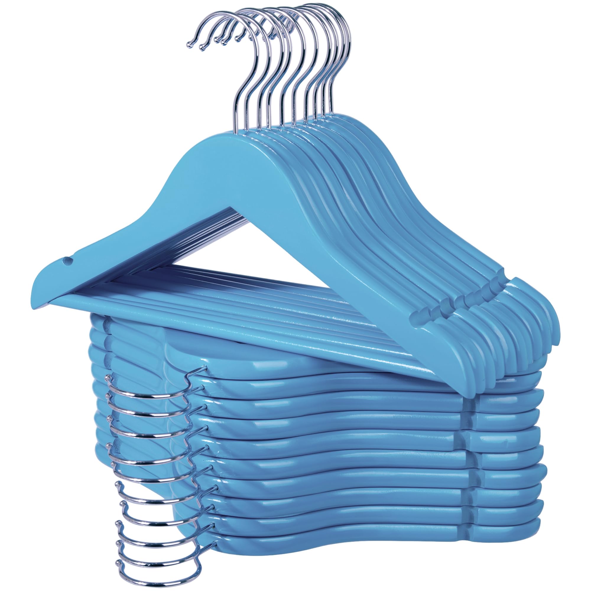 JS HANGER Kids Wooden Hangers 20 Pack, Solid Wood Baby Hangers, Children's Coat Hangers with Pants Bar, Shoulder Notches, Swivel Hooks, 12.6 Inches, Blue and Silver for Boy & Girls