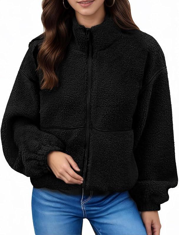 Womens Oversized Fleece Jacket Teddy Sherpa Coat with Pocket