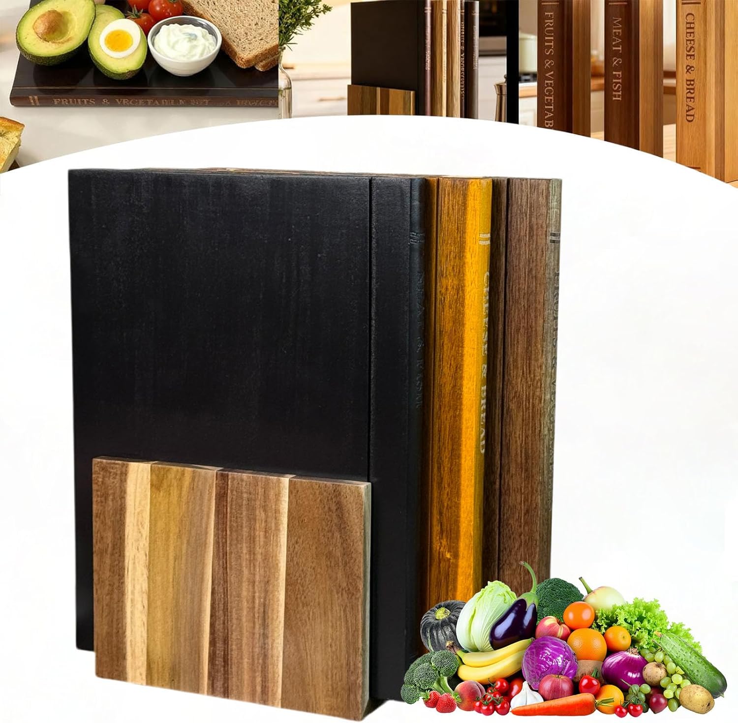 2026 Upgraded Book Cutting Board Set Of 3 With Stand The Original Cutting Boards Library | 100% Acacia Wood | Set Of 3 | For Kitchen Counter Decor Cheese Bread Meat Vegetable Prep