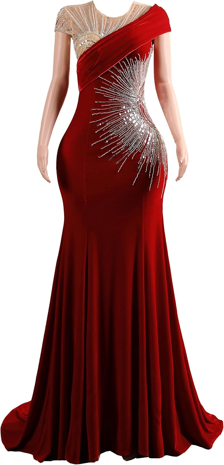 Evening Dress Velvet Beaded Sequins Sweep-Train Mermaid with Sleeves