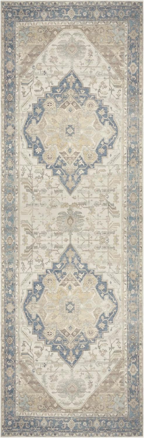 Nourison Home Vintage Washables Blue Green 2' x 6' Area Rug - Easy Clean, Non Shedding, Bed Room, Living Room, Dining Room, Kitchen (6' Runner)