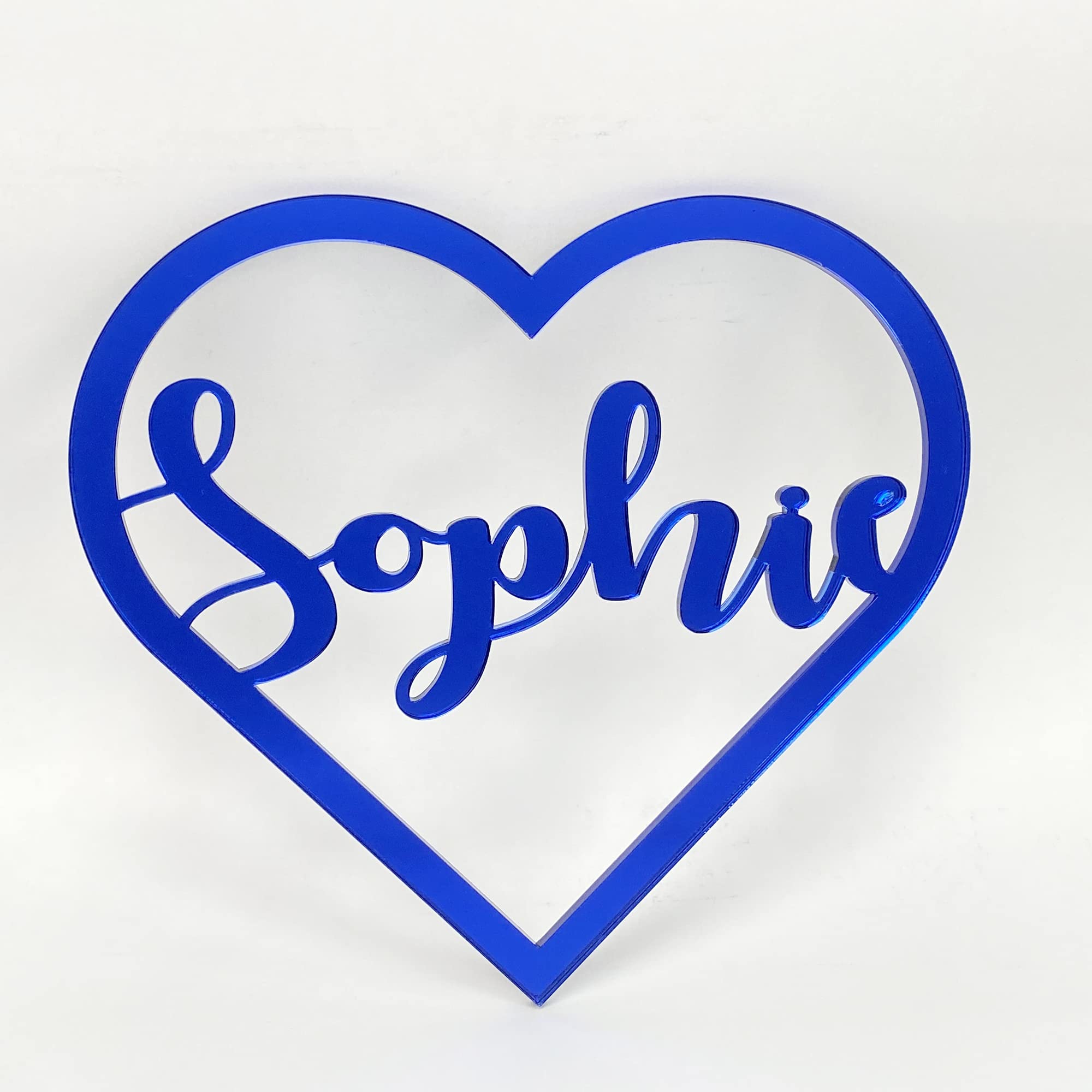 Personalised Any Name Text Wooden Colour Hoop Acrylic Mirror Floral Wedding Wreath Hanging Door Sign Wall Decoration Plaque Heart (Blue Mirror, 60)