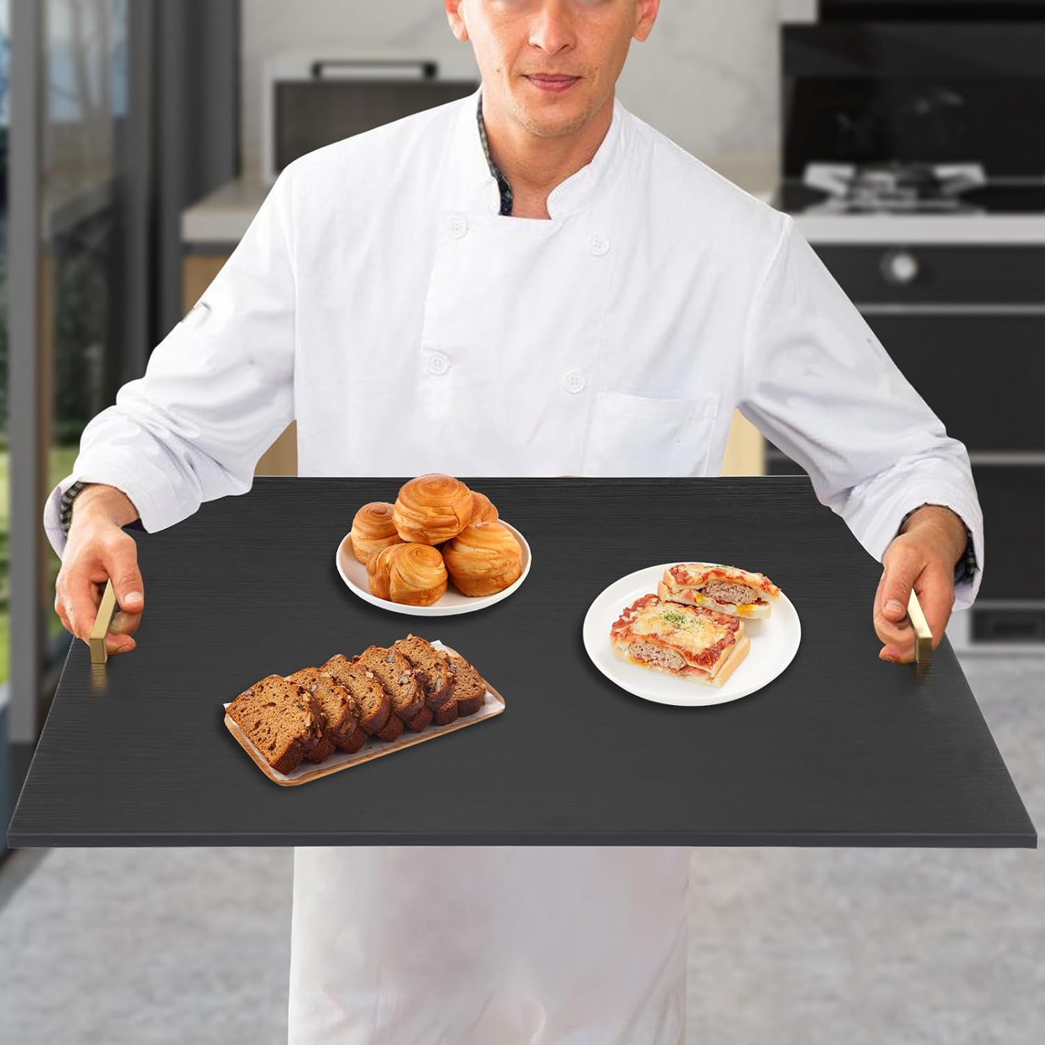 Wood Noodle Board Stovetop Cover 29x21in, Stove Cover with Handles for Gas and Electric Stove, Stove Top Cutting Board, Noodle Board for Gas Stovetop Cover (Black + Gold Handle)