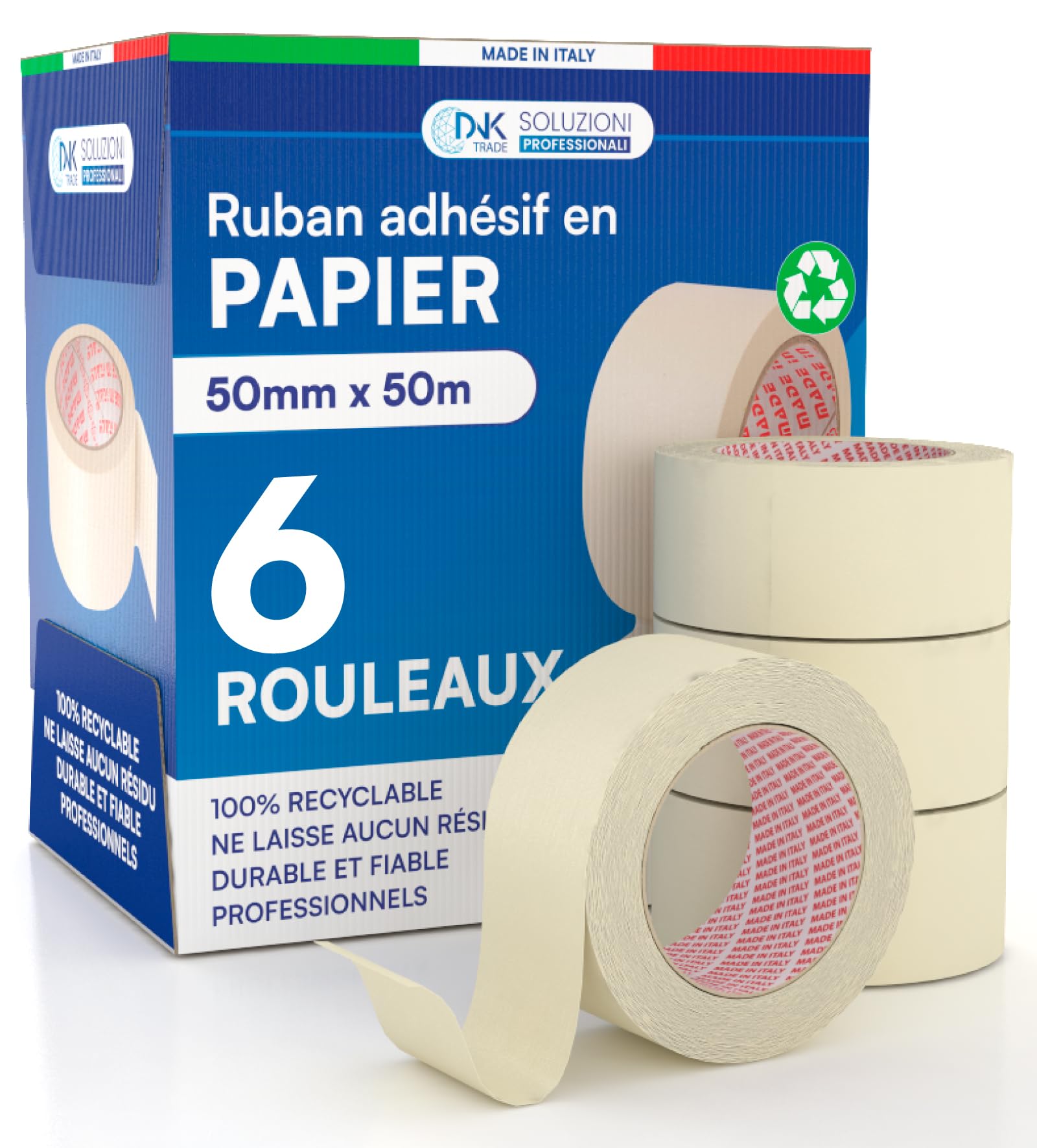 6x Ruban de Masquage 50mm x 50m - Pour Peinture et Masquage - Adhésif Sans Laisser de Résidus - Ruban Papier