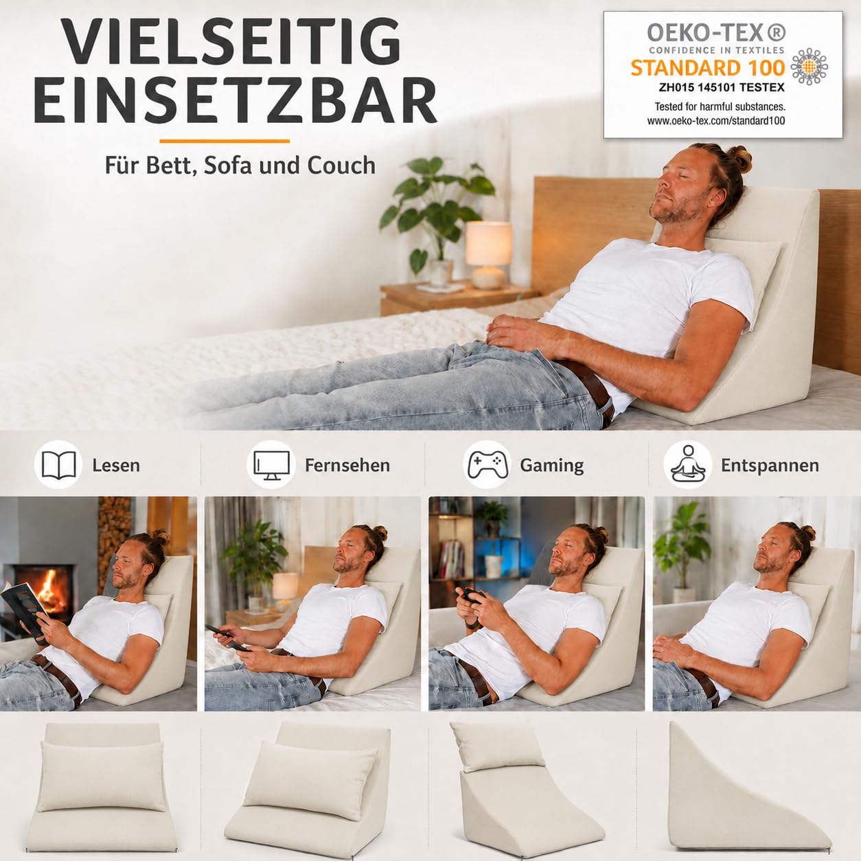 Lesekissen Set Beige | Komfortabel für Bett und Sofa, Ergonomisches Rückenkissen, Inklusive Sofakissen, Made in Germany