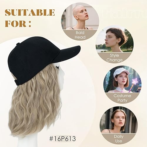 Miniatura 89 de Hairro Cap with Hair Attached For Women Wig Hat with Hair Short Bob style Synthetic Wavy Curly Adjustable Ball Cap Wiggy Hair Extensions 8" 180g #1