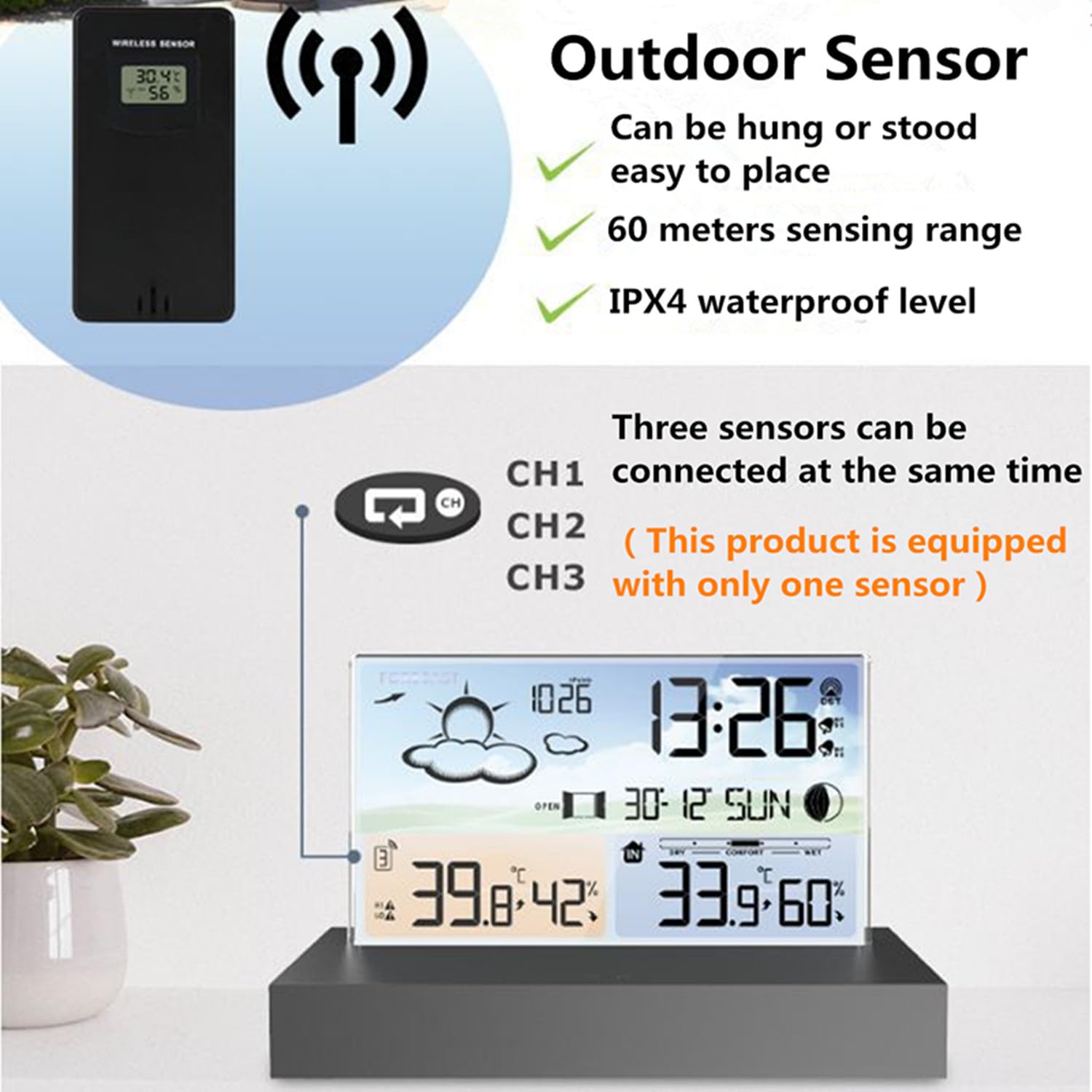 Stazione meteo Digitale con Sensore Esterno di Monitoraggio, Previsioni Meteo, Multifunzione Orologio, con Sveglia Tempo Data Igrometro, in vetro trasparente con Ampio Schermo LCD