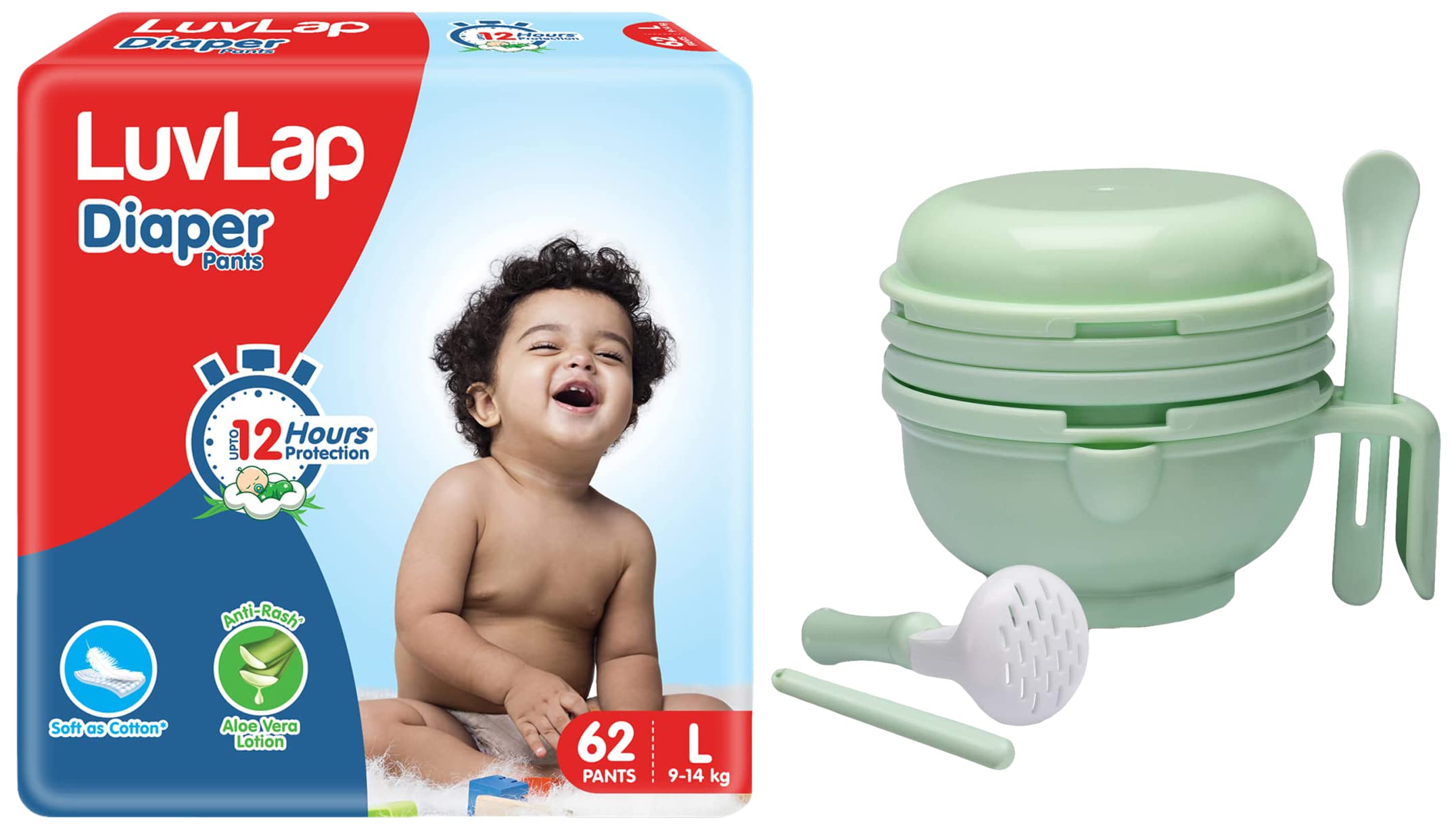 luvlap baby diaper pants l size (large), pack of 62 count, with upto 12hr protection for babies of 9 to 14kg & luvlap 9 in 1 baby food masher mill (light green)