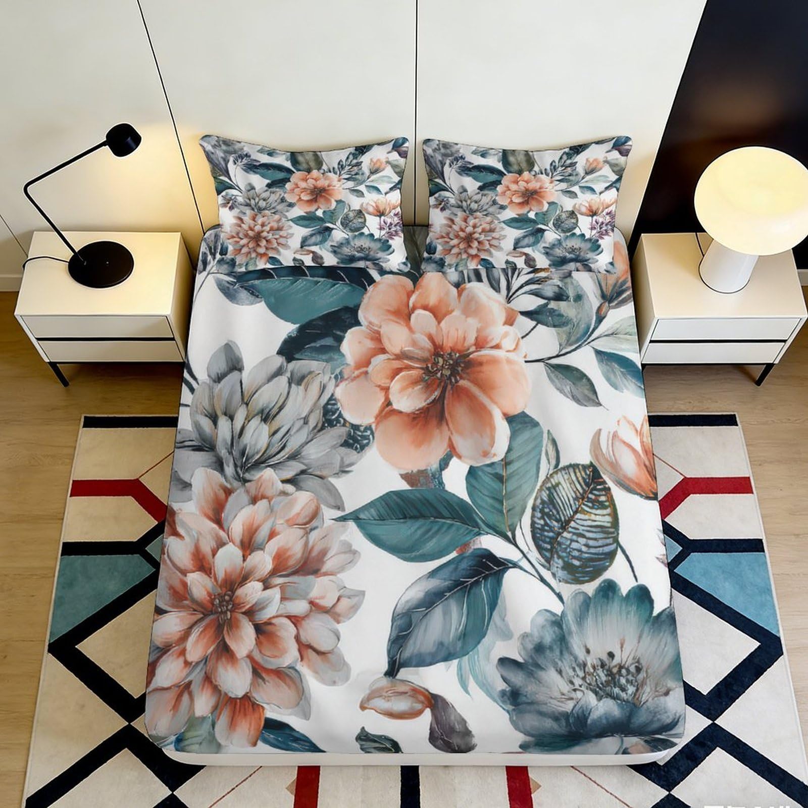 3D Printed Floral Botanical Fitted Sheet Microfiber Soft Breathable Bloom Mattress Cover for Bedroom Guest Room Decor 90x200x25cm