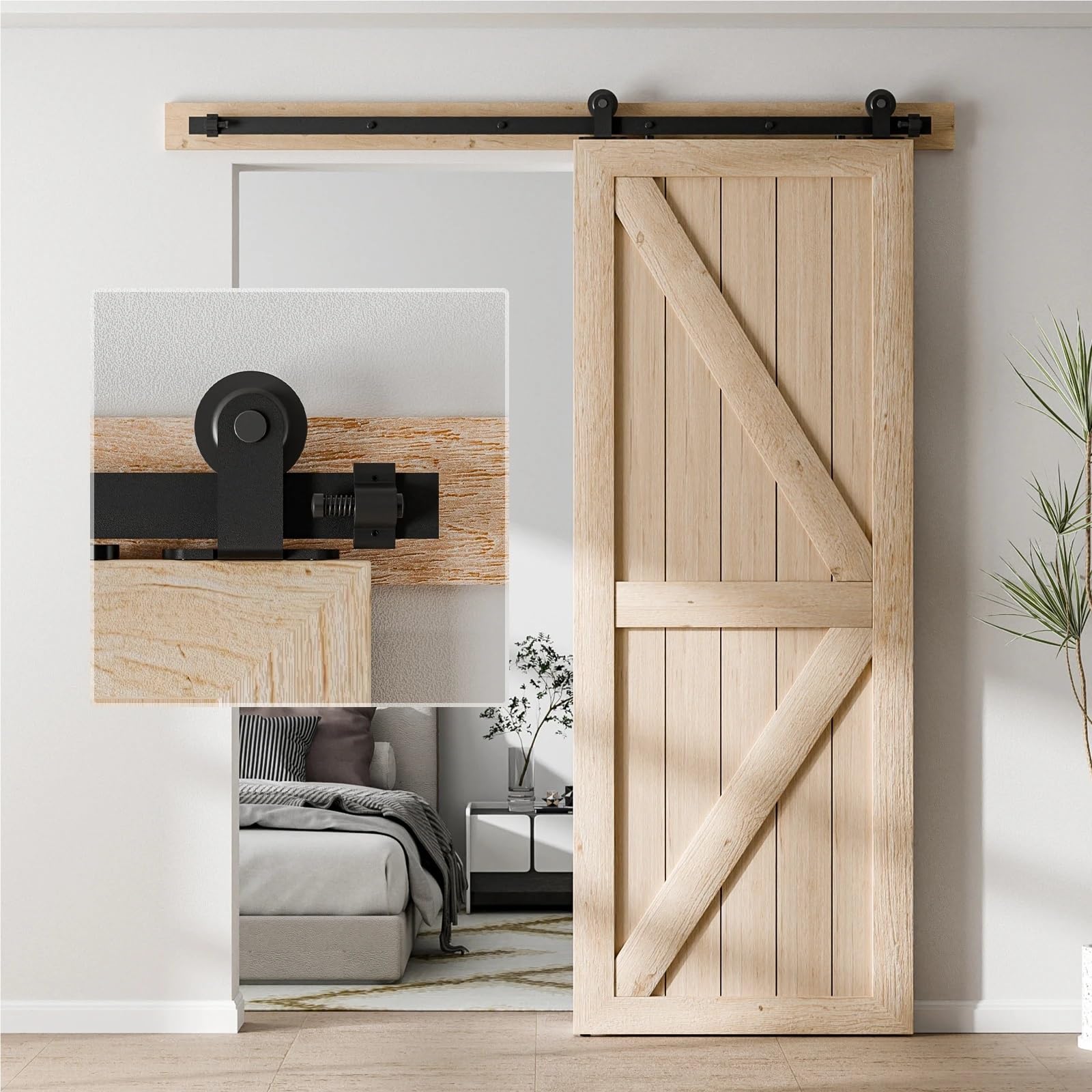 Barn Door Sliding Kit, Sliding Barn Door Hardware Kit T Shape Roller + Splice Track Suitable for Single Stable Rail System(7FT)